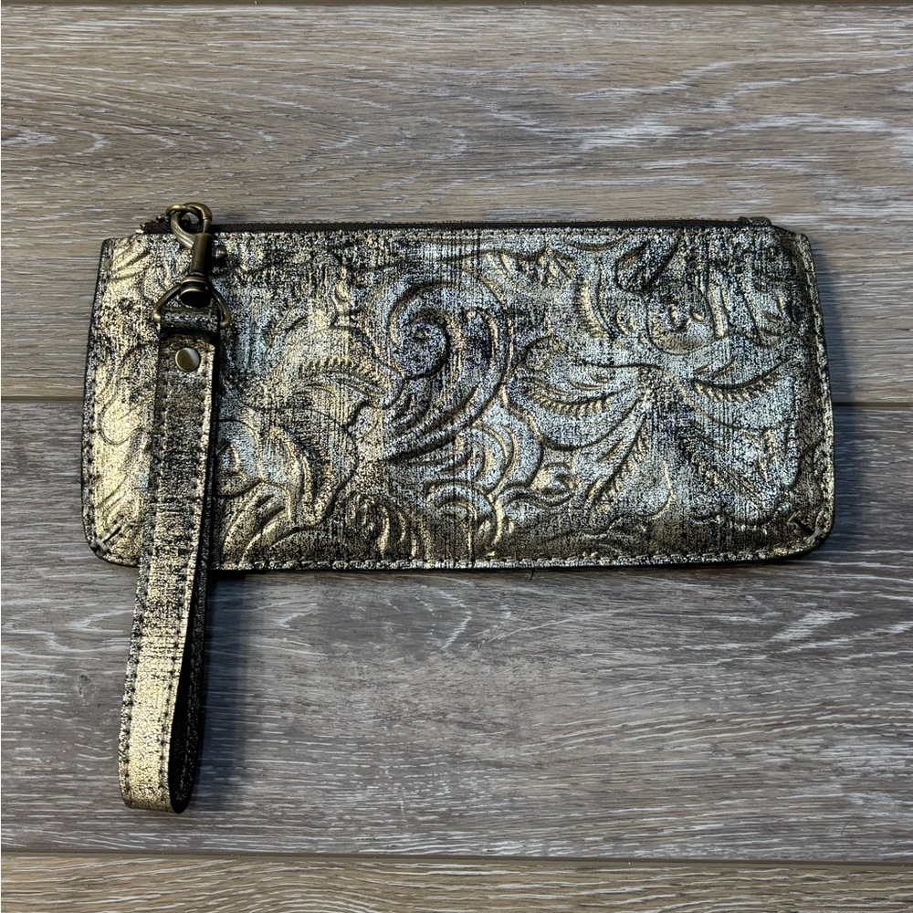Patricia Nash Cassini Wristlet Tooled Leather Floral Metallic Gold Boho Western